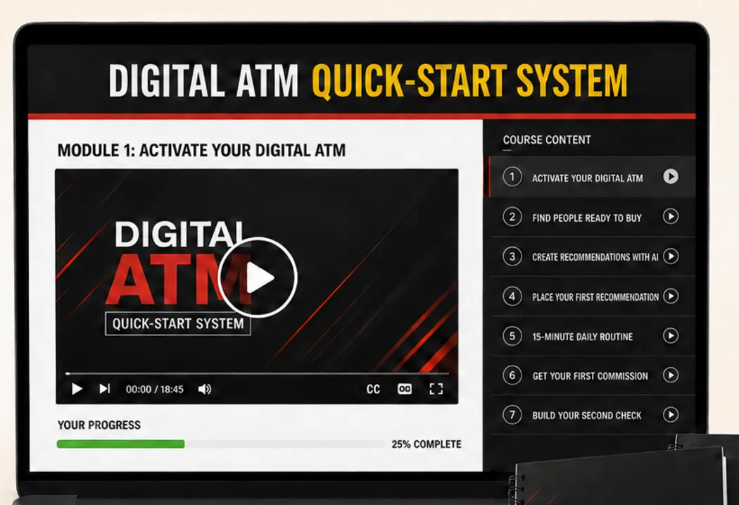 Digital ATM course dashboard with video player, lesson navigation, captions, and progress tracking