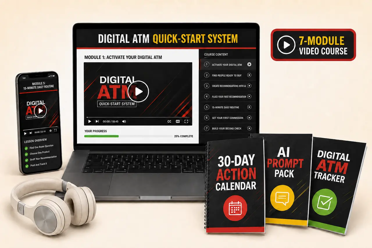 Digital ATM video training course shown on a laptop and phone with the action calendar, AI prompt pack, and tracker