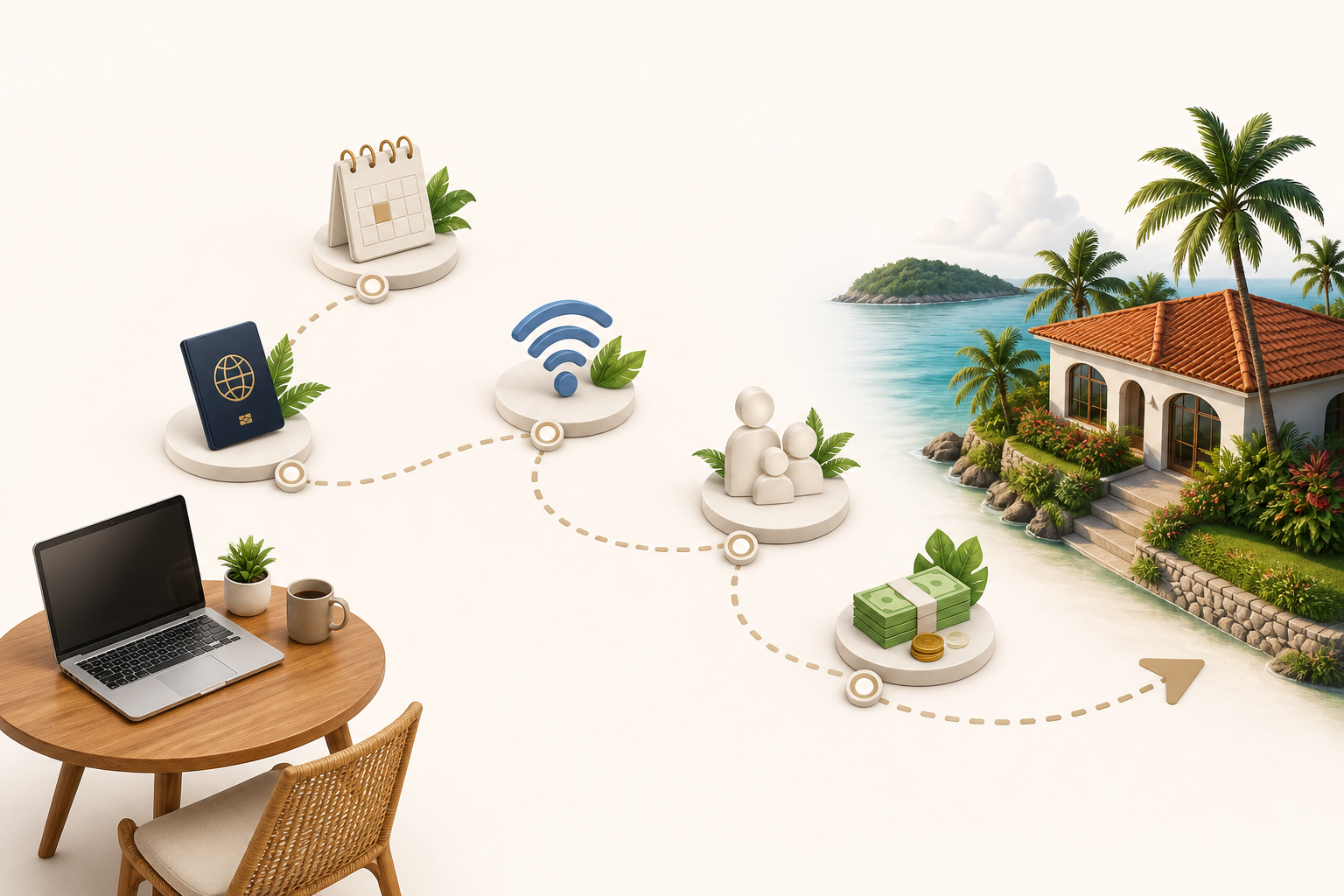 Generated visual route map showing laptop work, passport, calendar, Wi-Fi, family, cash flow, and a tropical home base