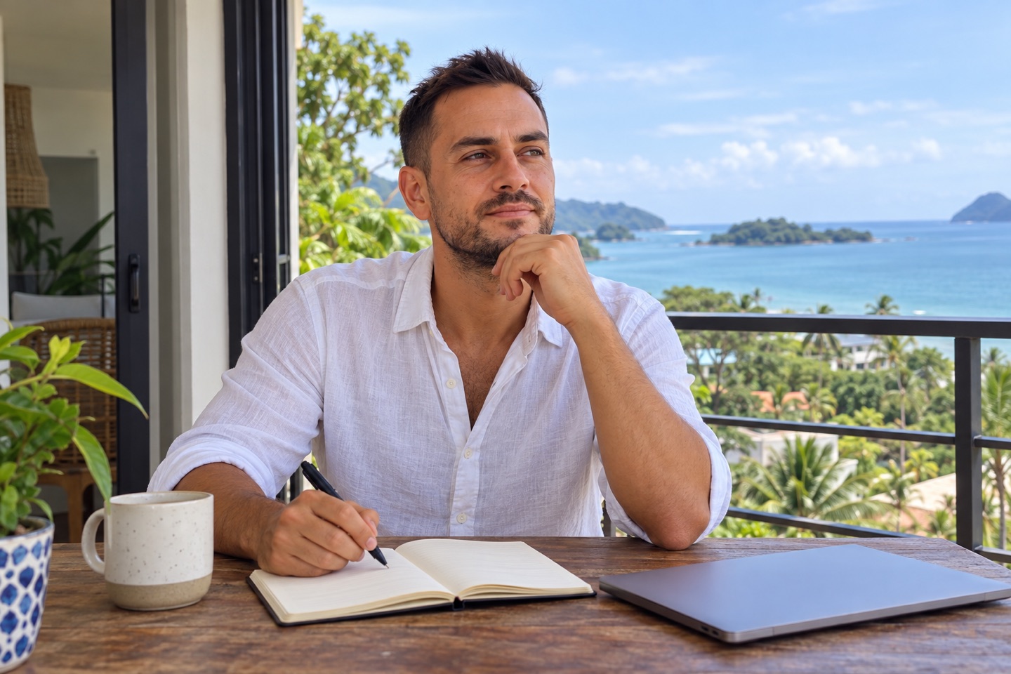 Illustration of Sean beside a notebook and laptop overlooking the sea