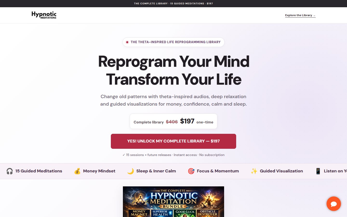 Real homepage hero screenshot of Hypnotic Meditations