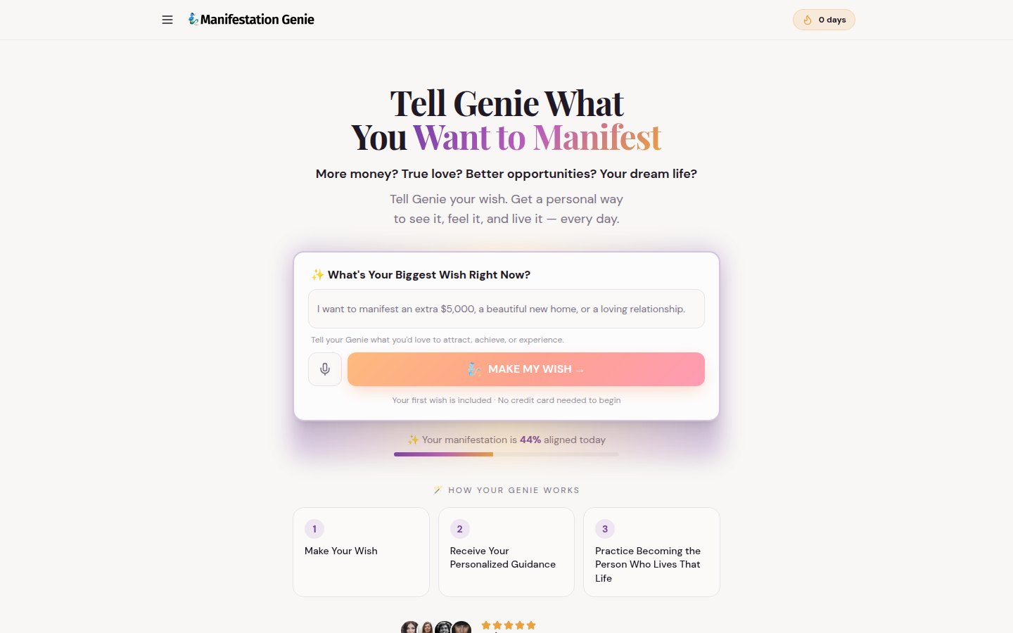 Real homepage hero screenshot of Manifestation Genie