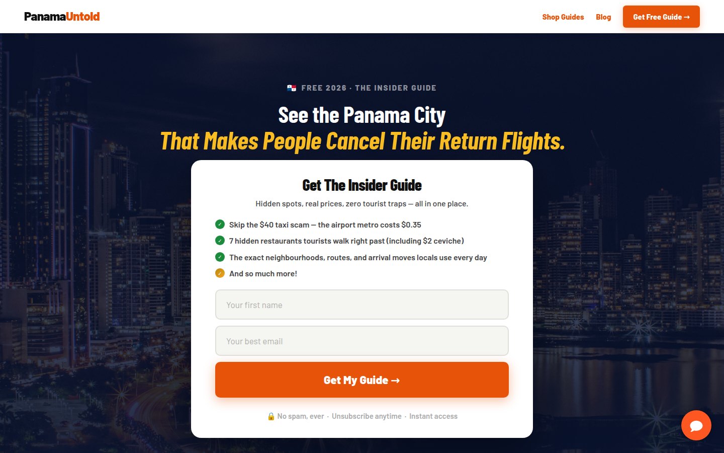 Real homepage hero screenshot of Panama Untold