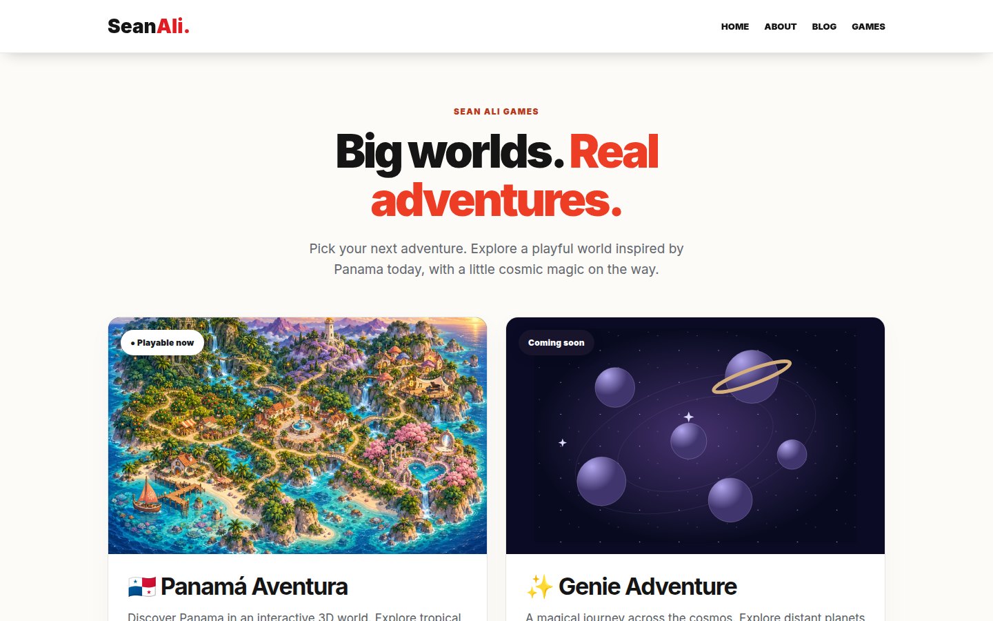 Real homepage hero screenshot of Sean Ali Games