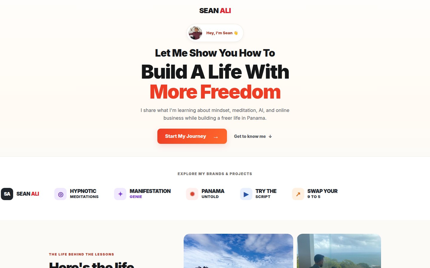 Real homepage hero screenshot of Sean Ali