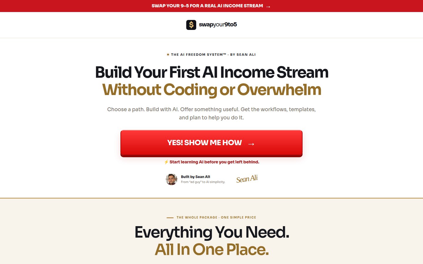Real homepage hero screenshot of Swap Your 9 to 5